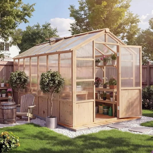8x14 T Wooden Greenhouse or Outdoor, Walk-in Greenhouse Kit with Ventilated Window & Lockable Door & Polyte Panels, Large Wood e