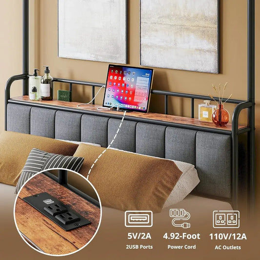 LIKIMIO Canopy Bed Frame Queen, Storage Headboard with Charging Station, Platform Bed with 4 Removable Sturdy Posts, Noise Free