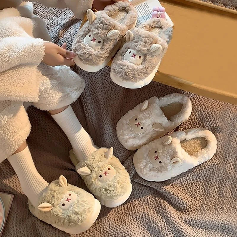 Cotton Slippers Female Autumn and Winter Couple Home Indoor Plush Slippers Cute Sheep Non-slip Warm Slides Male Flat Shoes