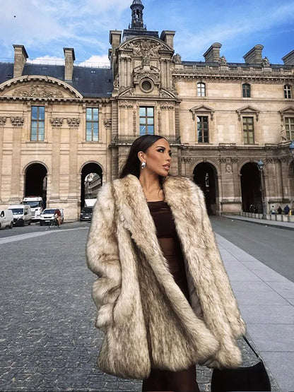 Winter Lady Luxurious Lapel Faux Fur Coats Fashion High Street Long Sleeve Oversize Cardigan Jacket Thick Warm Female Outerwear