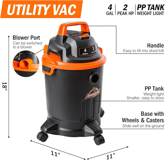 4 Gallon Wet/Dry Vacuum with Powerful Suction, Nozzles & Brush for Home and Workshop