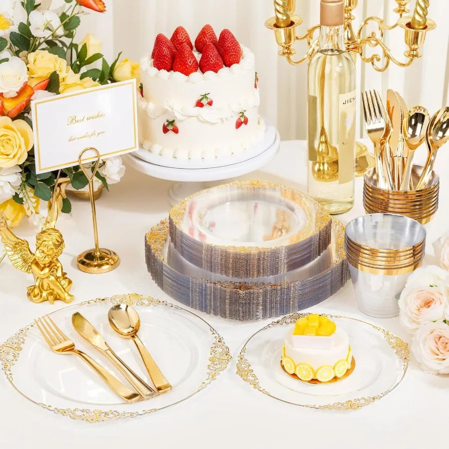 150PCS Clear and Gold Plastic Plates Disposable Dinnerware Set for Elegant Events and Parties Ideal for Serving 25 Guests with