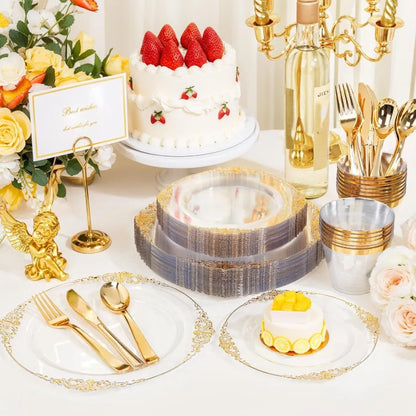 150PCS Clear and Gold Plastic Plates Disposable Dinnerware Set for Elegant Events and Parties Ideal for Serving 25 Guests with