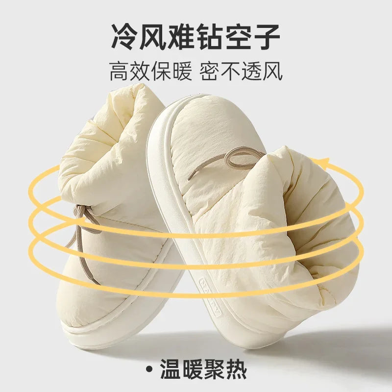 Winter Warm Thick Furry Women Ankle Boots Indoor Lace-up Plush Slippers Ladies Men Home Cotton Shoes