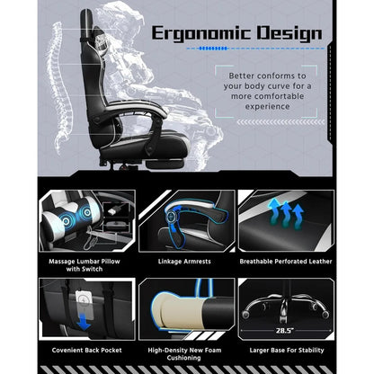 Ergonomic Gaming Chair with Swivel Seat&Headrest, Adjustable Video Game Chair with Massage Lumbar Support and Footrest Height