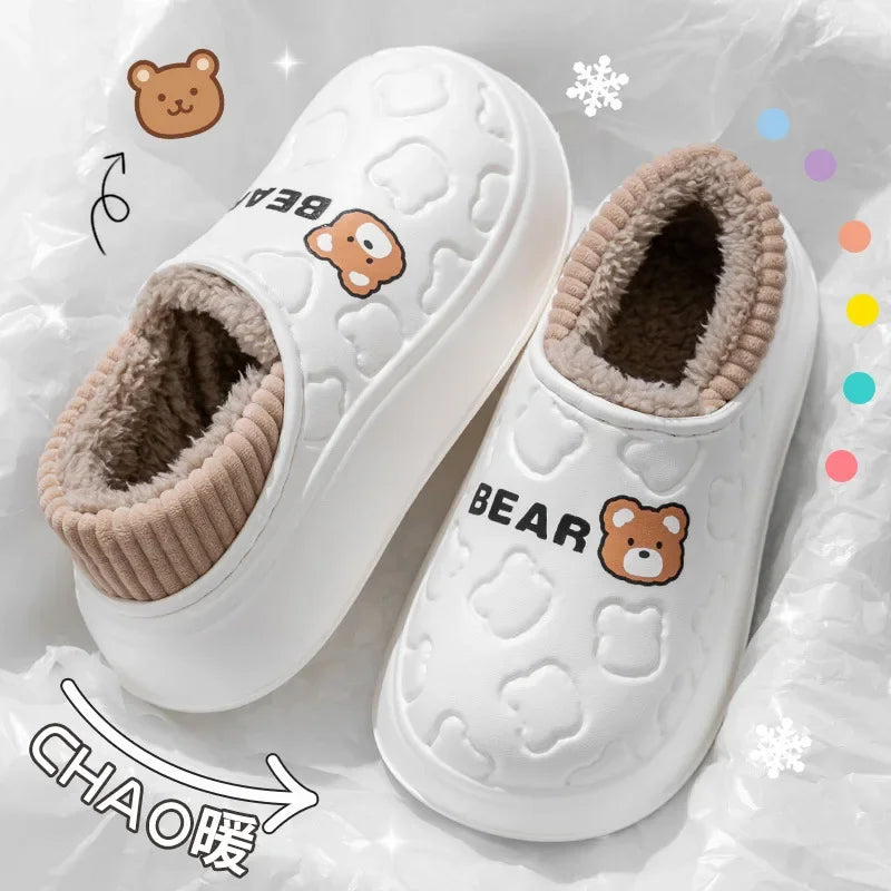 Comwarm Winter Furry Slippers For Women Waterproof Cotton Slides Platform Indoor Slides Fuzzy Warm Cozy Outdoor Women's Slippers