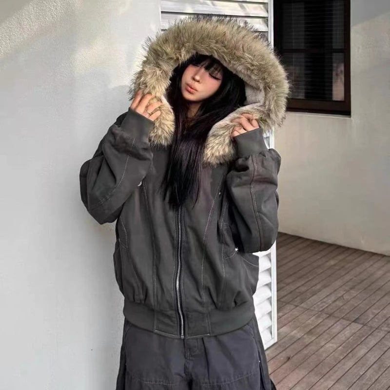 2000s Aesthetic Black Elegant Jacket Woman 2025 Winter Y2k Zip Up Hooded Design Harajuku Coat Female Loose Casual Chic Outfits