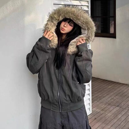 2000s Aesthetic Black Elegant Jacket Woman 2025 Winter Y2k Zip Up Hooded Design Harajuku Coat Female Loose Casual Chic Outfits