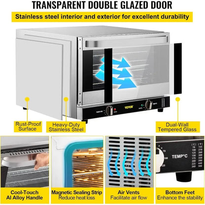 VEVOR Commercial Convection Oven, 47L/43Qt, Half-Size Conventional Oven Countertop, 1600W 4-Tier Toaster w/Front Glass Door