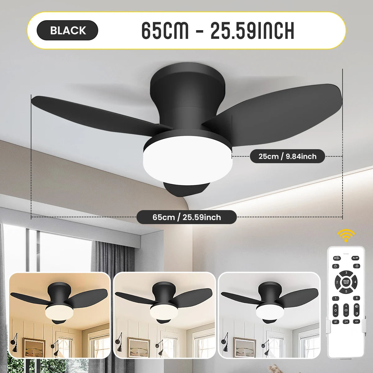 Mexllex Three Leaf Ceiling Fan with Light & Remote Control, 6 Speed, Reversible Noiseless, Dimmable LED Chandelier for Bedroom