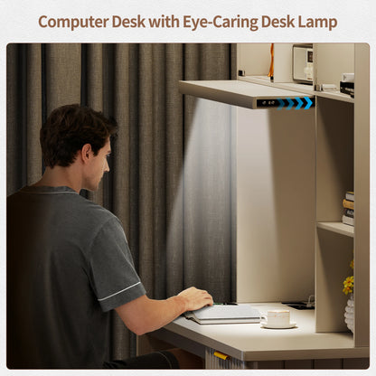 JDPAG LED Study Desk with Hutch & Storage Cabinet, 47" Home Office Desk with Outlet and 3 Color LED，Writing Desk for Bedroom