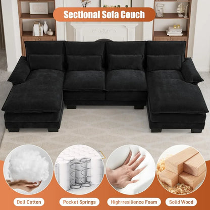 U Shape Cloud Couch Sectional Sofa, 110" Modern Chenille Comfy Modular Sofa with Memory Foam & Double Chaise, Jet Black