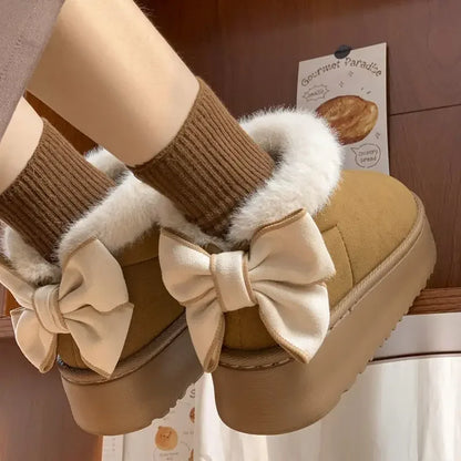 2024 New Bow Women's Thick-Soled Warm Fleece-Lined Cotton Shoes Versatile Snow Boots Korean Style Increased Height For Students