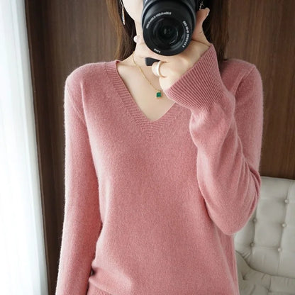 Women Solid Sweater Spring Autumn Woolen Pullovers V-neck Slim Fit Bottoming Shirt Solid Soft Knitwear Jumpers Basic Sweaters