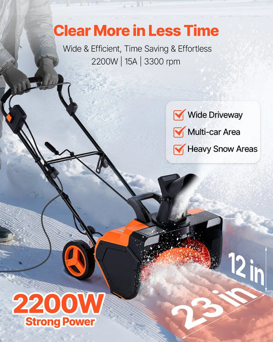 Electric Snow Shovel 15A 23" Wide Corded Snowthrower w/180° Chute & Dual LED Lights 25' Throwing Distance Walk-Behind Snowblower
