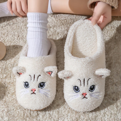 Cute Cat Design Plush Ladies Slippers Autumn And Winter Indoor Floor Non-Slip Soft Bottom Comfortable Warm Home Shoes for Unisex