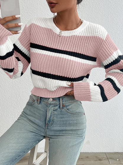 2024 autumn and winter hot sale new acrylic loose drop shoulder round neck color matching knitted long sleeve ladies sweater