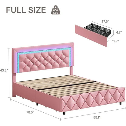 Full Size Bed Frame with LED, Storage Drawers, Princess Platform Bed with Diamond Headboard and Footboard, Upholstered Bed Frame
