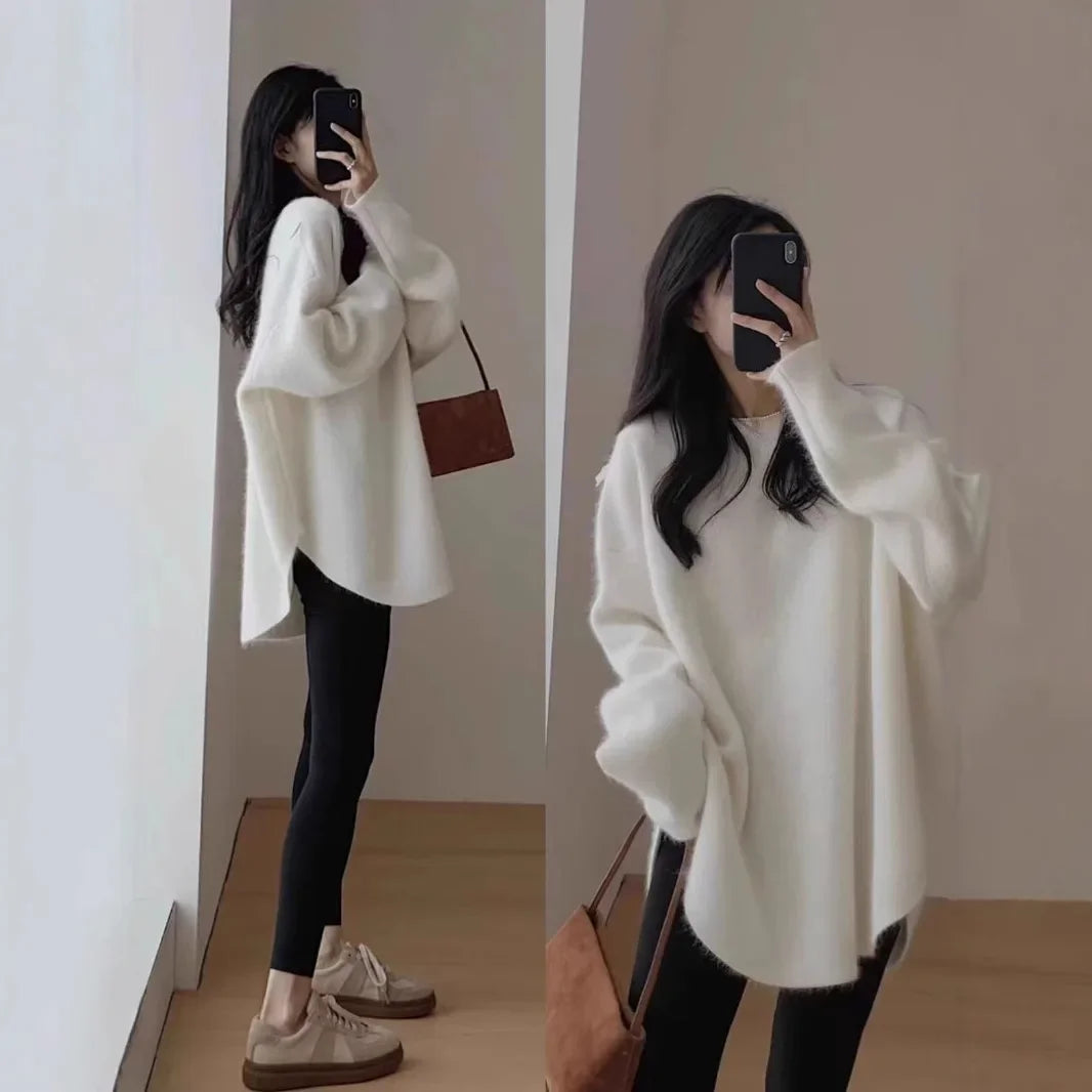 White Knitted Loose Long Sleeve Women's Base Shirt Sweater Autumn Winter High Sensation Inner Match Lazy Style Polyester Fiber