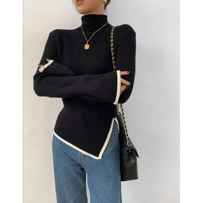 High Collar Knitted Sweater Women's Autumn Winter Loose Style Irregular Design Comfortable Lazy Fashion Early Autumn Top