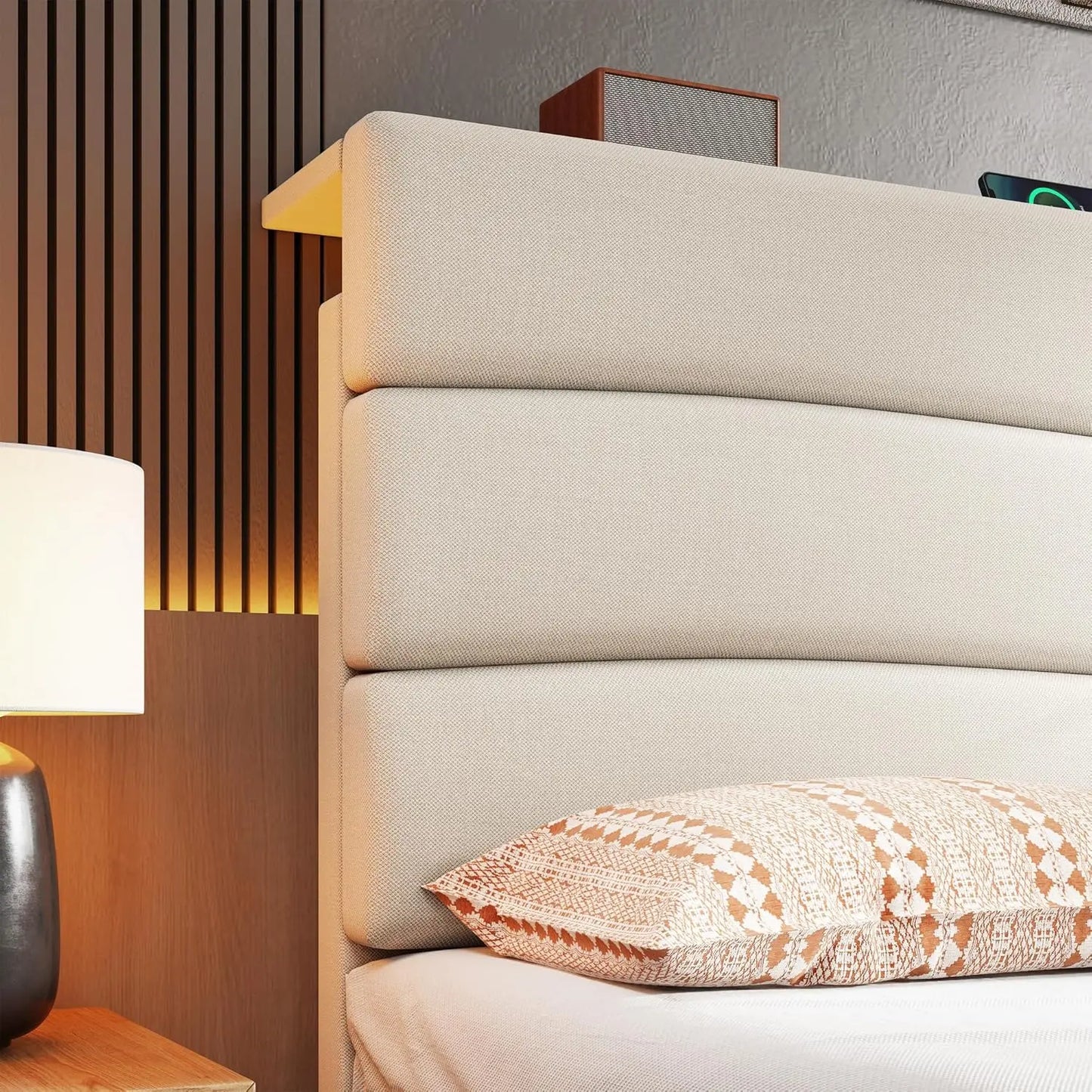 Queen Bed Frame with Fabric Upholstered Headboard, Storage Headboard and Charging Station, Queen Size Bed Frame
