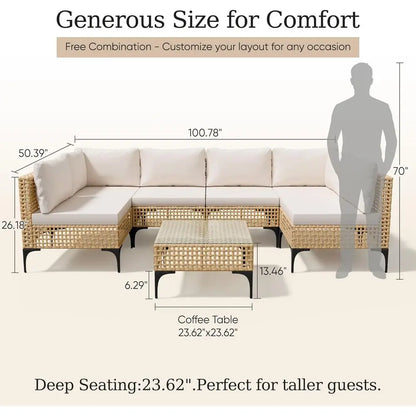 7-Piece Outdoor Sectional Sofa Set with Rattan Seating, Coffee Table, and Ottoman for Patio, Deck, or Poolside