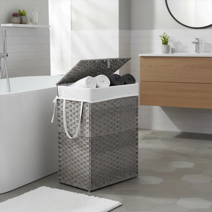 90L Foldable Woven Laundry Basket with Lid, Gray Rattan Hamper with Washable Liner, Steel Frame & Odor Control