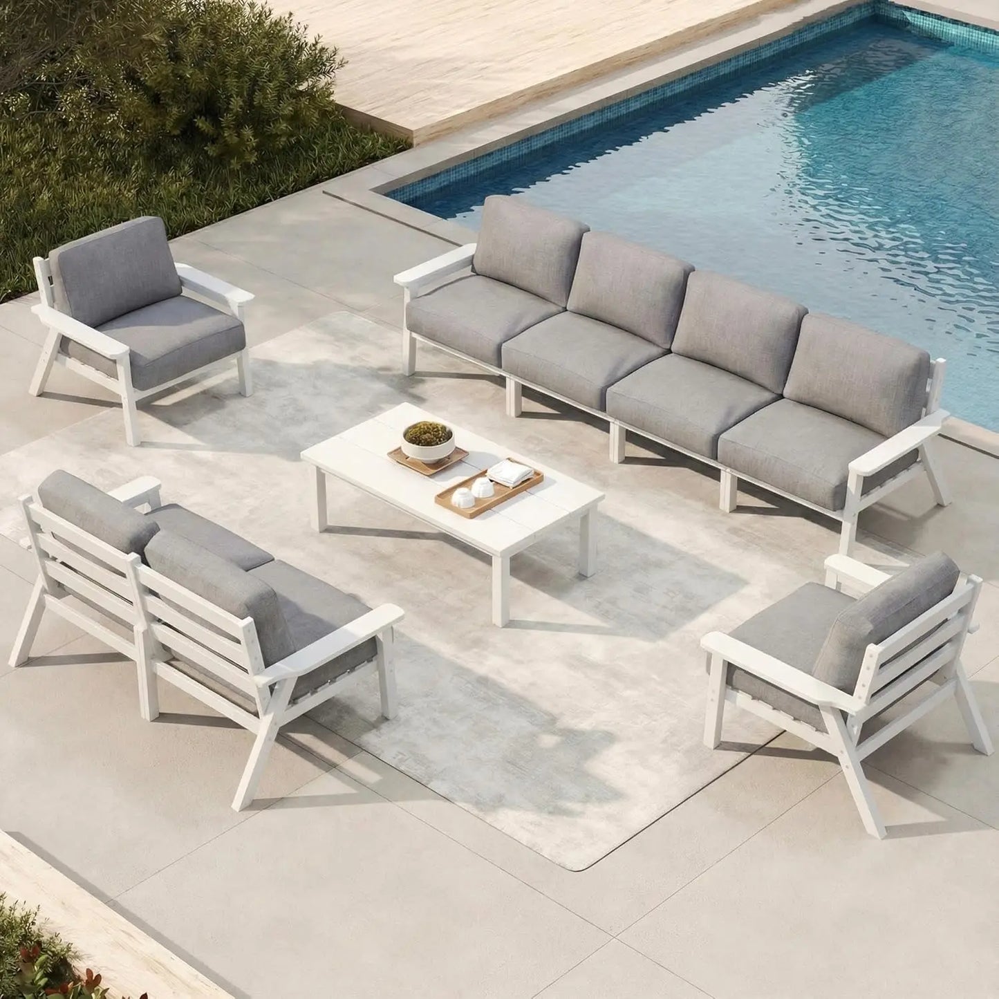 Patio Furniture Set 8 Seats, HDPE Outdoor Sectional with Beige Washable Thick Cushions, Coffee Table, Patio, Customized