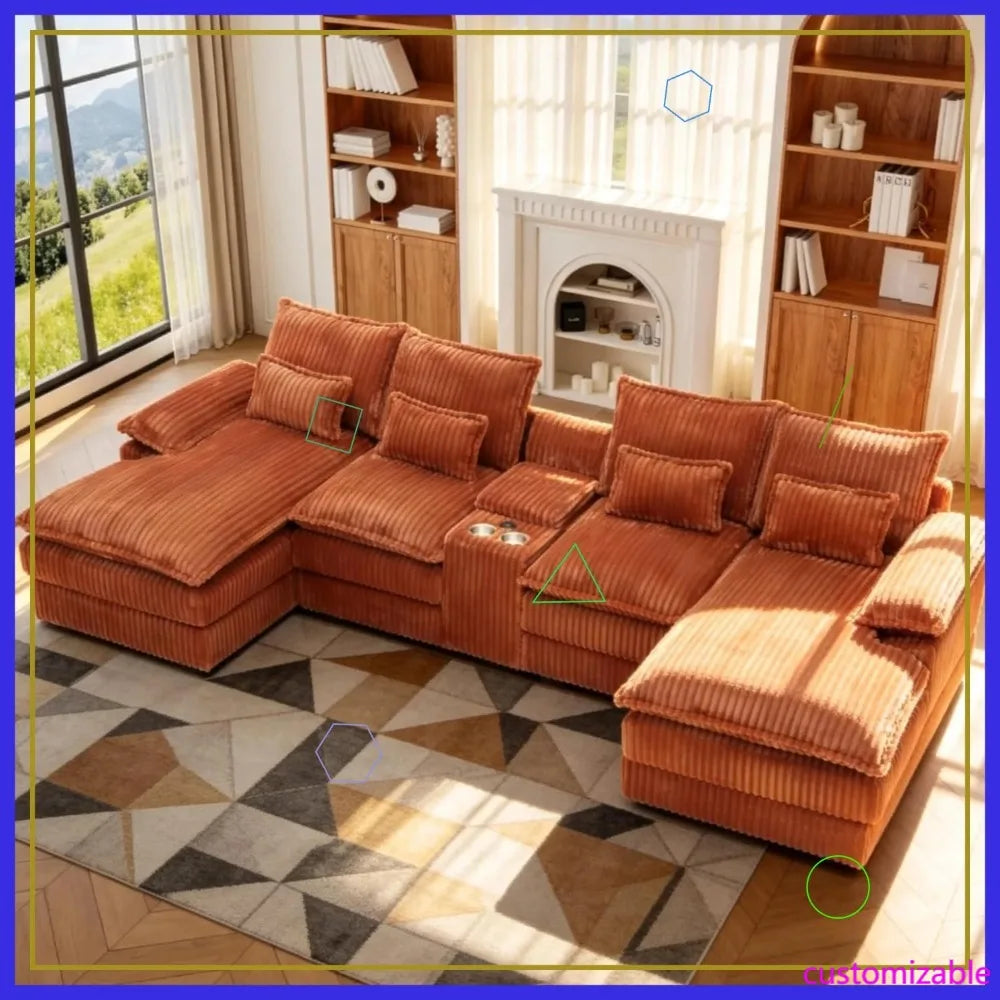 125" U-Shaped Sectional Sofa, Corduroy Cloud Couch with Storage & USB, 6-Seat Modular Sofa Set for Living Room, Orange