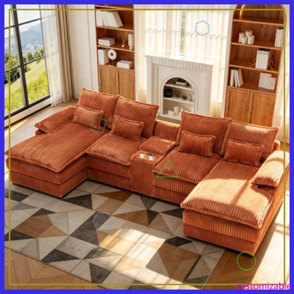 125" U-Shaped Sectional Sofa, Corduroy Cloud Couch with Storage & USB, 6-Seat Modular Sofa Set for Living Room, Orange
