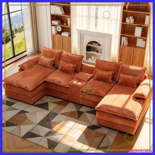 125" U-Shaped Sectional Sofa, Corduroy Cloud Couch with Storage & USB, 6-Seat Modular Sofa Set for Living Room, Orange
