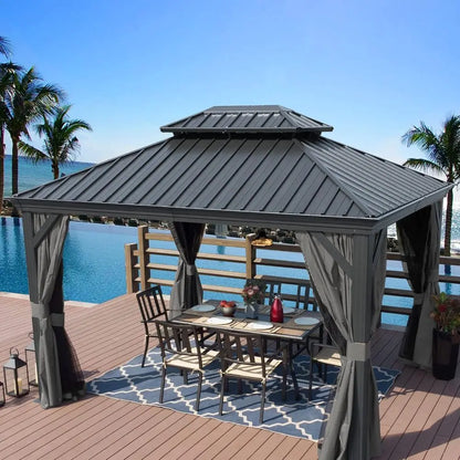 10' x 12' Steel Double Roof Outdoor Pavilion with Curtains and Netting for Backyard, Deck, Lawn (Gray)