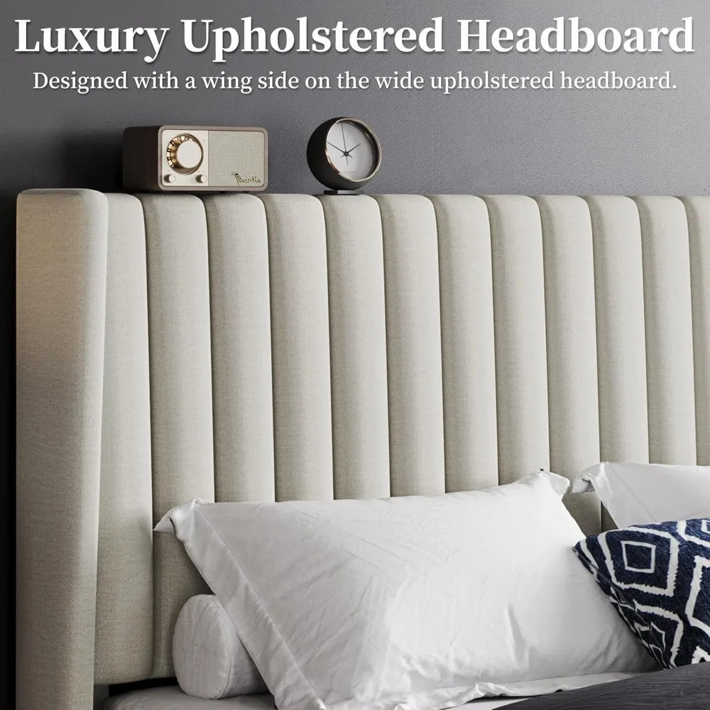 Queen Upholstered Platform Bed - Fabric Headboard with Wing Edge Design | Wooden Slats Support, Non-Slip & Noise-Free