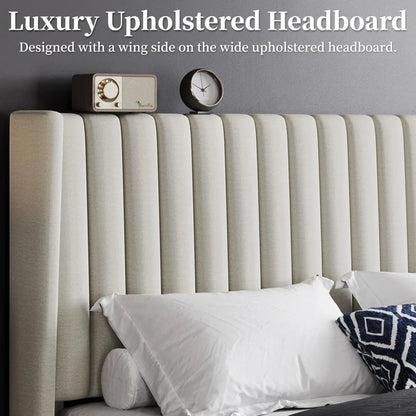 Queen Upholstered Platform Bed - Fabric Headboard with Wing Edge Design | Wooden Slats Support, Non-Slip & Noise-Free