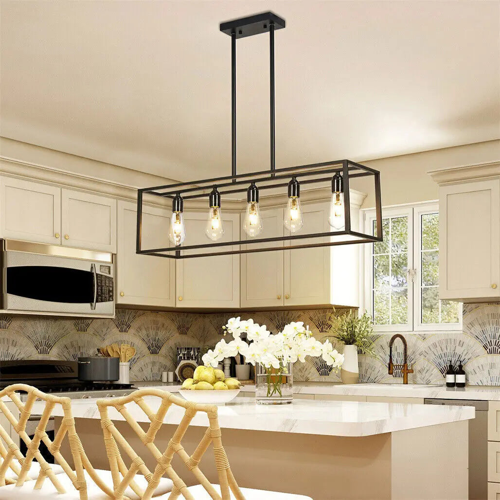 Vrygle Industrial 5-Bulb Ceiling Lamp Black Kitchen Island Chandelier Pendant Lights for Living Room Hallway Farmhouse Furniture