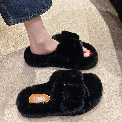 Women's Fashion Flat Fluffy Slippers Winter New Round Head Open Toe Suede Warm Comfortable Cotton Drag