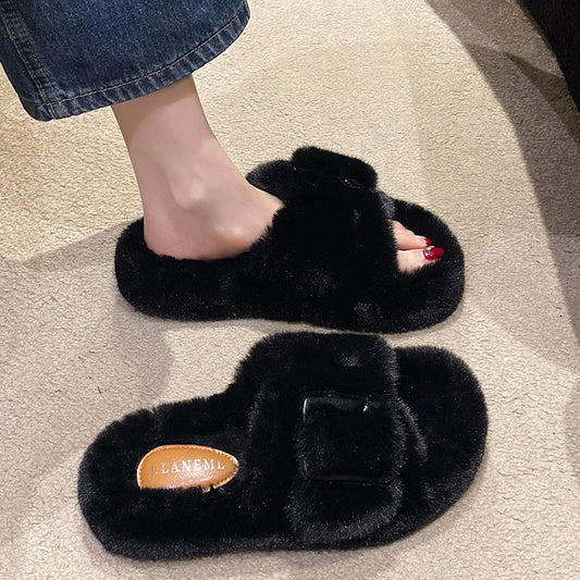 Women's Fashion Flat Fluffy Slippers Winter New Round Head Open Toe Suede Warm Comfortable Cotton Drag