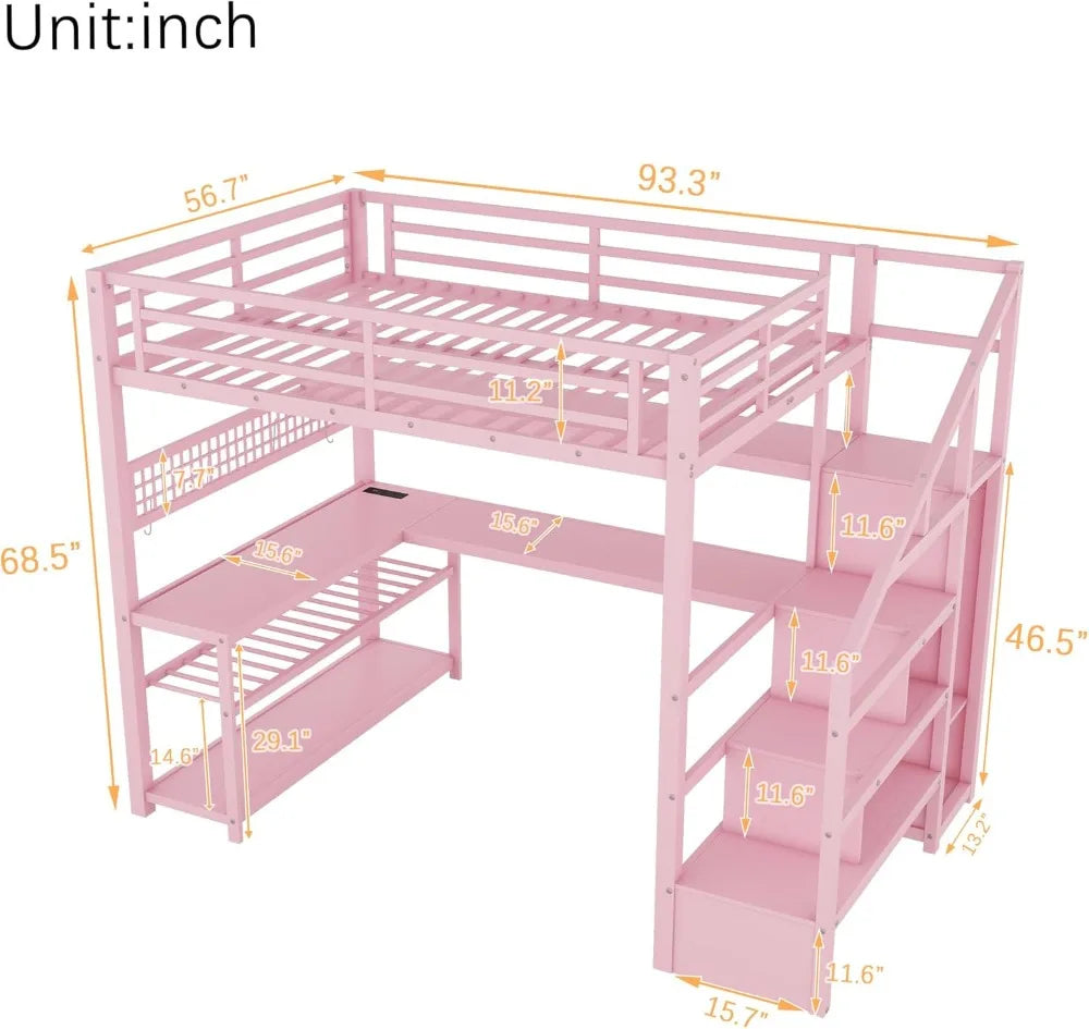 Full Size Loft Bed with LED Lights, Stairs, Desk & Storage for Adults Teens Kids Gaming Room Pink