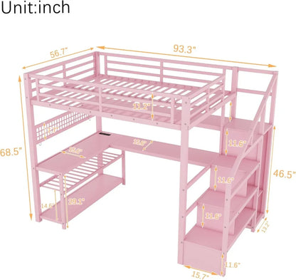 Full Size Loft Bed with LED Lights, Stairs, Desk & Storage for Adults Teens Kids Gaming Room Pink