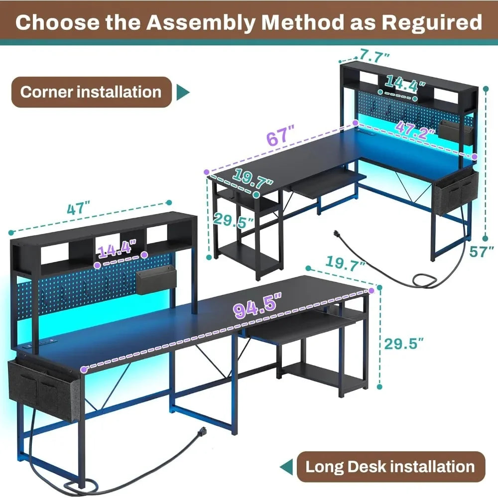 L Shaped Gaming Desk Reversible Computer Desk with Power Outlet and Pegboard Gaming Desk with Led Lights Keyboard Tray and Stora
