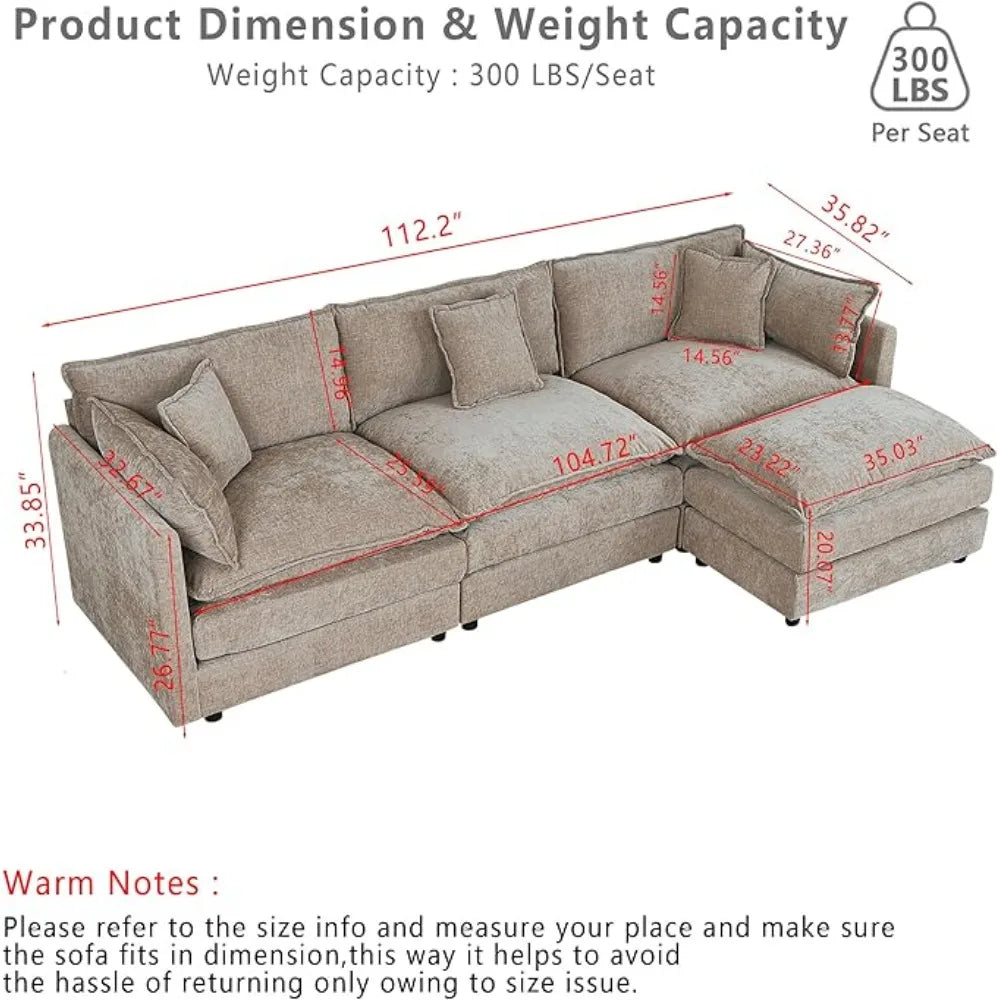 112.2" L-Shaped Cloud Couches | Deep 3 Seater Couch with Ottoman | Soft Chenille Cloud Sofa for Cozy Living Room,Customized
