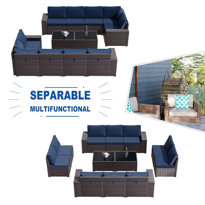 12 Pieces Outdoor Patio PE Rattan Sectional Sofa Set with Cushions & Tempered Glass Coffee Table for Garden Porch, Customized