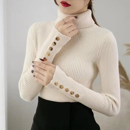 2025 Knitted Turtleneck Women Sweater Button Long Sleeve Pullovers Autumn Winter Basic Femme Sweaters Slim Solid Pull Tops