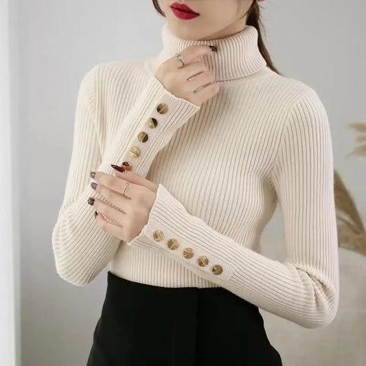 2025 Knitted Turtleneck Women Sweater Button Long Sleeve Pullovers Autumn Winter Basic Femme Sweaters Slim Solid Pull Tops