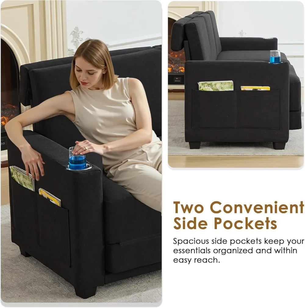 89" 3-Seat Convertible Sleeper Sofa Bed, Black Folding Couch with Cup Holders & Side Pockets, Queen Size Pull-Out Bed