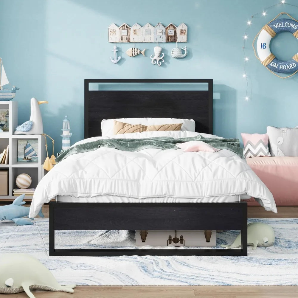 Sturdy Metal and Wooden Bed Frame with Headboard and Footboard,8.6" Underneath Space, No Box Spring Needed, Modern Design