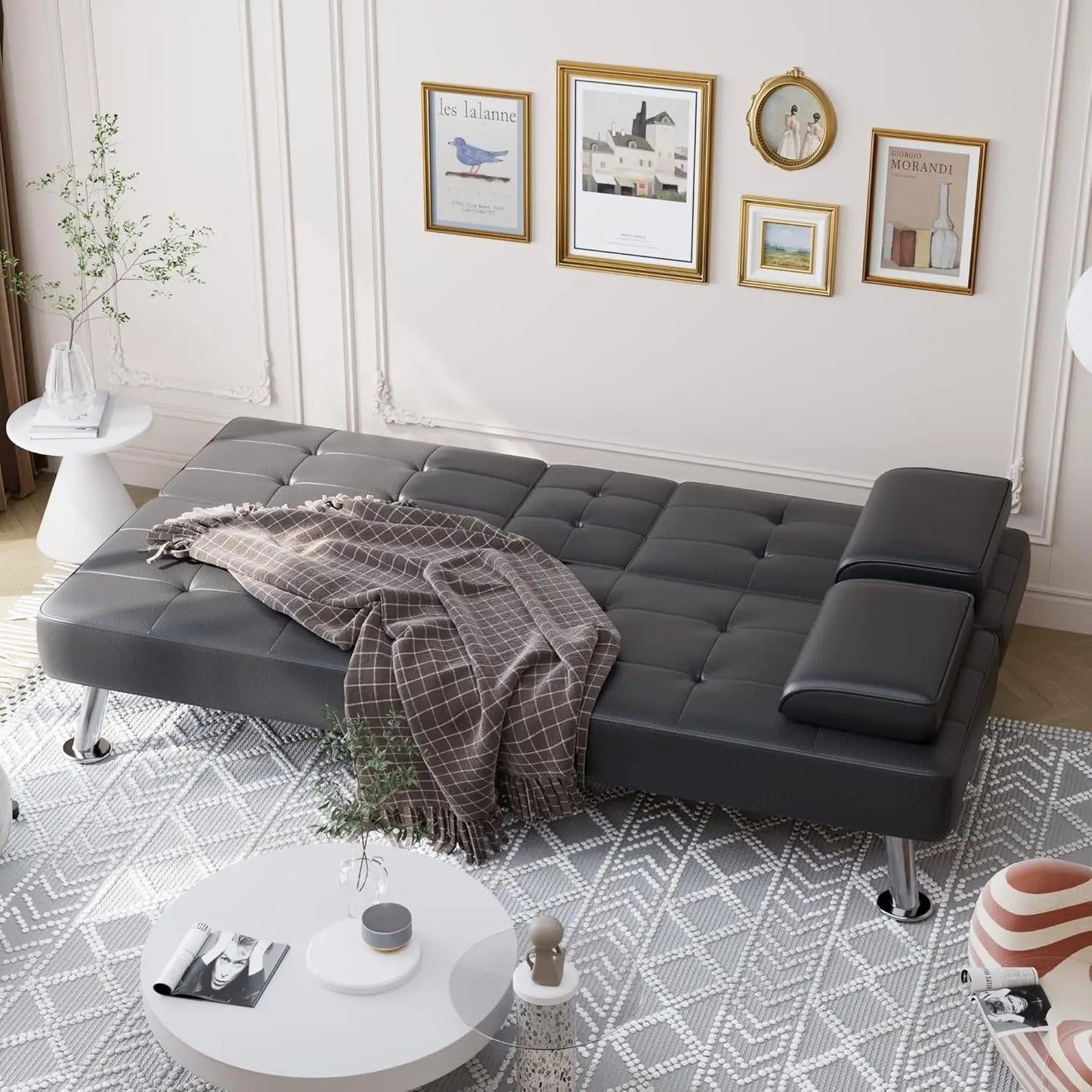Convertible Folding Futon Sofa Bed Sleeper Couch for Living Room Faux Leather Upholstered Loveseat w/Removable Armrests