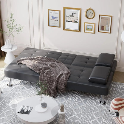 Convertible Folding Futon Sofa Bed Sleeper Couch for Living Room Faux Leather Upholstered Loveseat w/Removable Armrests