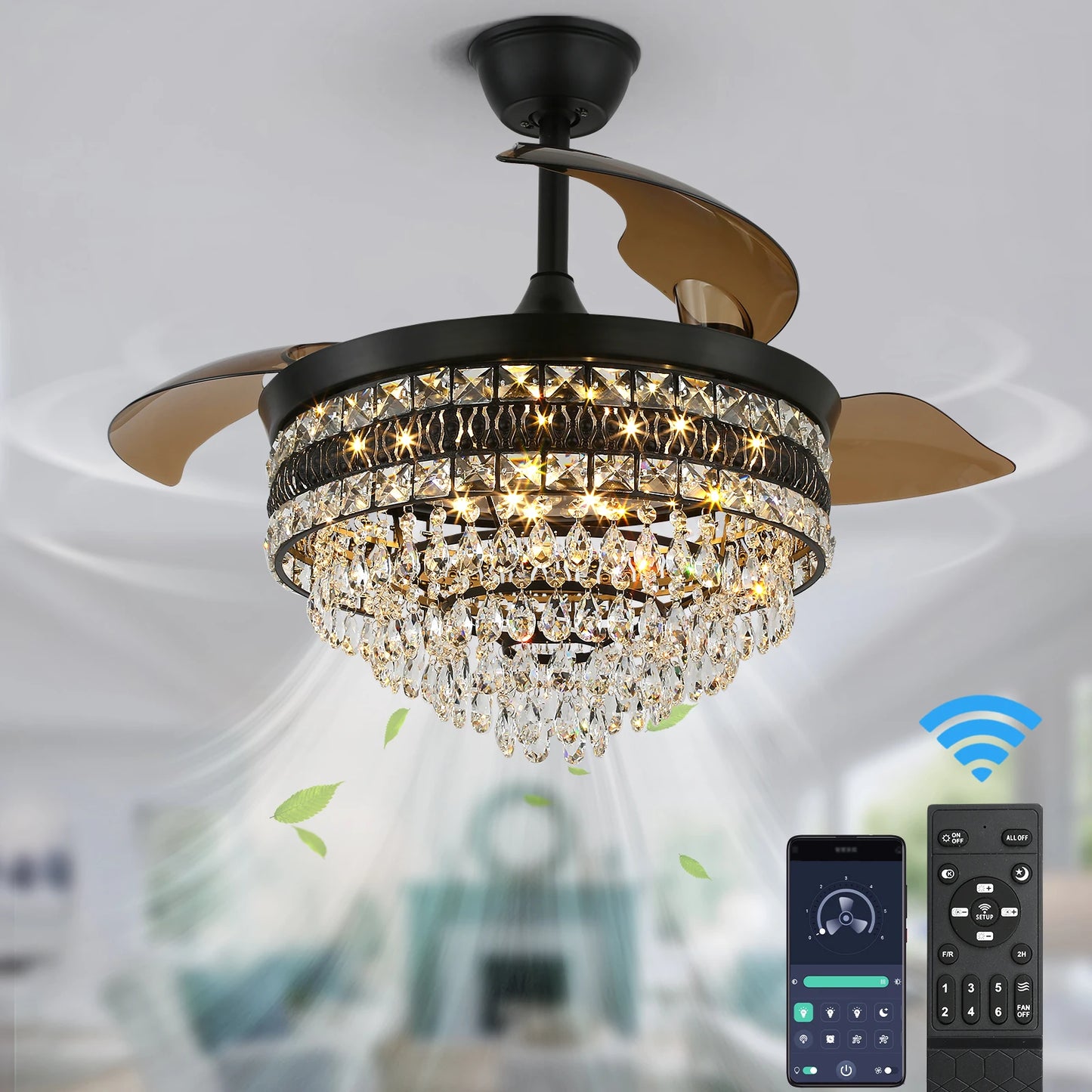 VETRULUS Modern Smart Ceiling Fan Chandelier Gold RC Adjustable 6 Speed Pendant Light Luminaire Bedroom 3 Heads Led Fandelier