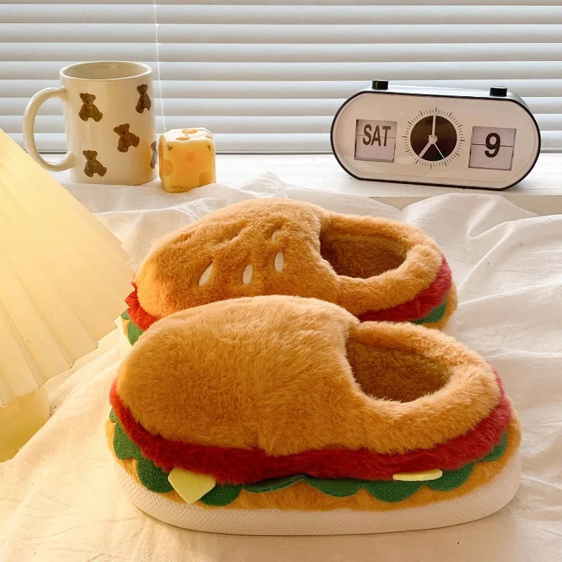 House Fuzzy Female Home Slippers Women Winter Warm Plush Burger Hamburger Indoor Funny Cute Floor Home Room Shoes Flat Casual